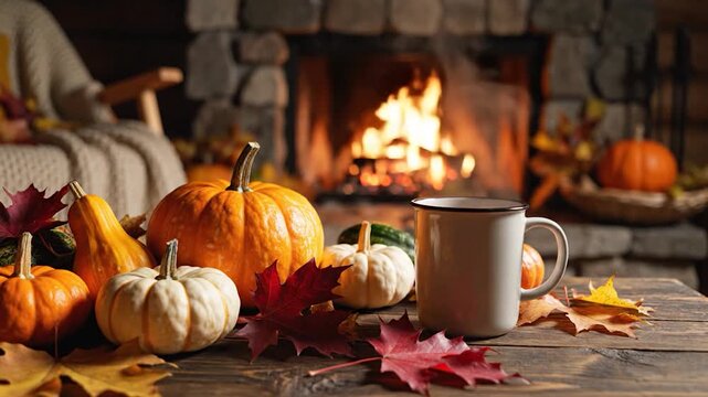 Cozy autumn scene with pumpkins, gourds, and fall leaves on a rustic wooden