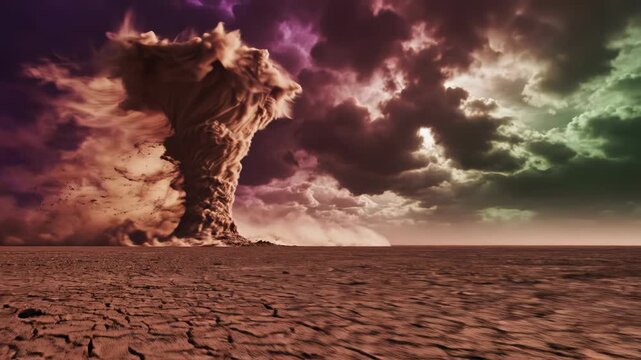 Massive dust devil churns across a cracked, arid desert landscape under a dramatic sky