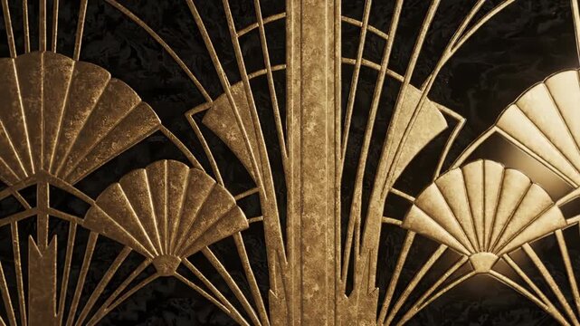 Ornate gold fan-like patterns against a dark textured background