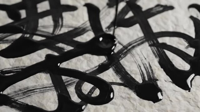 Black ink strokes on crumpled textured paper