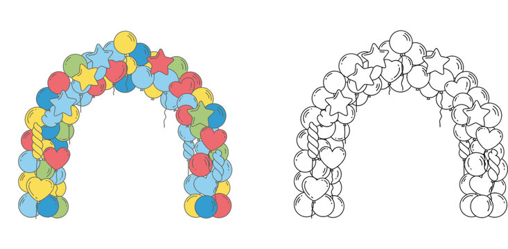 Festive Balloon Garland Arch Vector Set with Star and Heart Shapes Colored and Black and White Line Art for Celebrations Birthdays Events and Decorative Party Design (178 Characters)