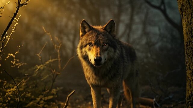 Wolf steps through a misty forest at golden hour, approaching the camera with alert gaze and steady motion