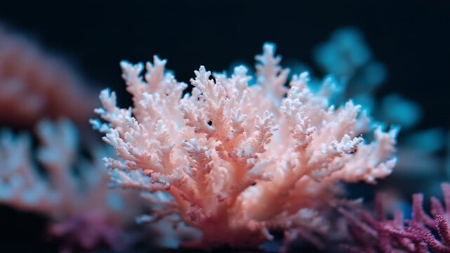 Close up of branching pink and white stony coral polyp structure underwater dark