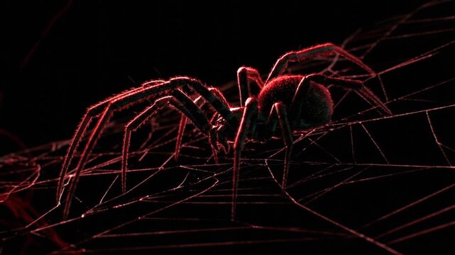 Glowing red spider crawling across a web as neon wireframe lines shift and stretch in dark space