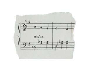 Torn fragment of musical sheet with notes isolated on transparent background. Vintage music paper detail suitable for design, collage, education, and creative layouts © rvlsoft