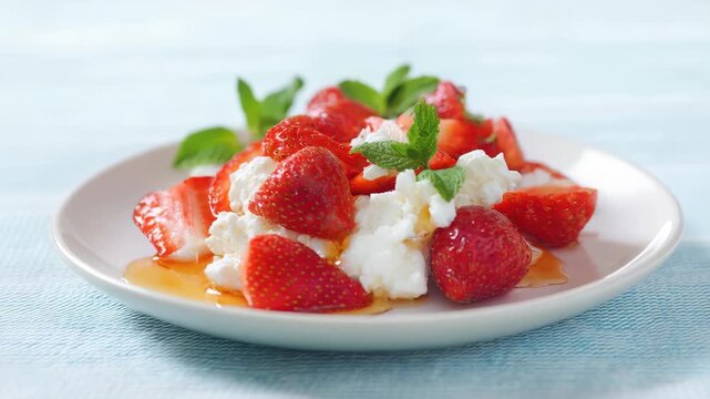 Sliced fresh strawberries with cottage cheese honey drizzle and mint garnish on  white plate