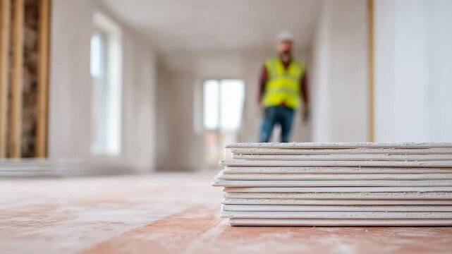 Stack of drywall sheets on construction site floor with builder in