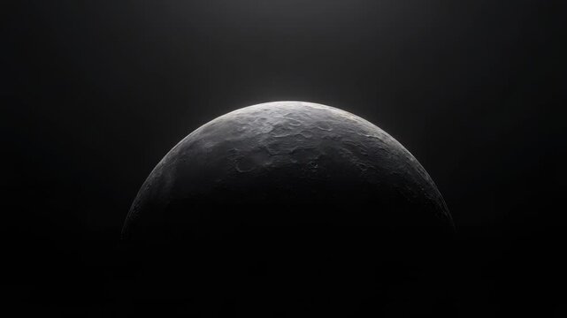 Dark crescent moon illuminated against deep black space showing cratered surface texture
