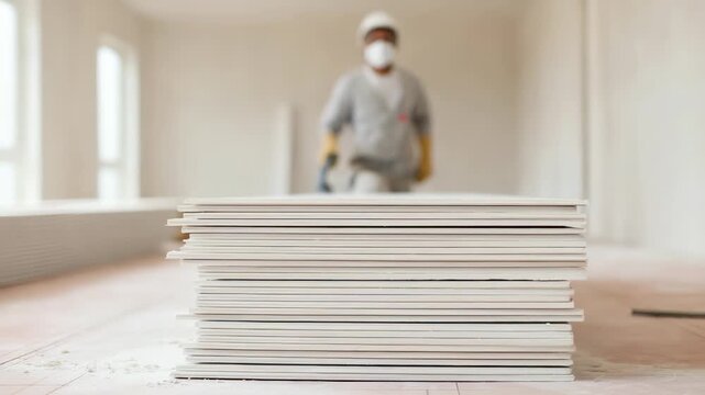 Stack of drywall sheets on construction floor with worker wearing mask in