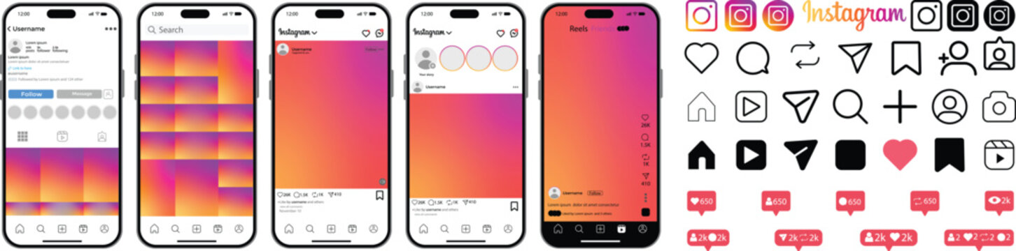 Instagram post mockup with smartphone. Instagram app layout mockup with feed, reels, stories, post grid, direct messenger. Instagram social network app interactive smartphone interface design
