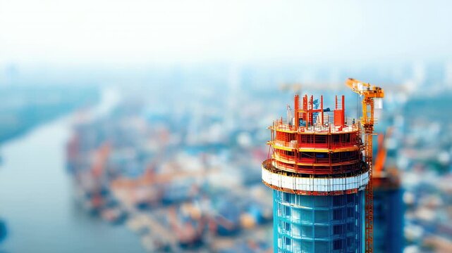 High rise building construction in  city aerial view with  tower crane
