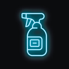 Obraz premium Blue neon sign of a spray bottle glowing on a dark background