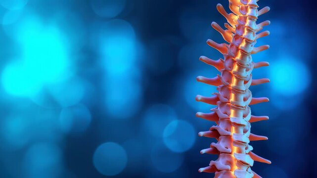 Close up 3D rendering of human spine vertebrae with glowing central section against blue bokeh