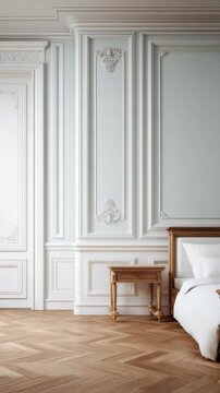 Elegant neoclassical bedroom interior featuring light blue paneled walls white molding and wooden parquet floor