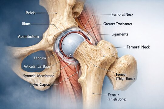 Detailed anatomical illustration of the human hip joint showing femoral neck, pelvis, labrum and ligaments