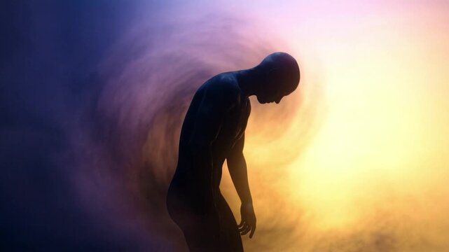 Silhouette of a man slowly lowering his head and shoulders while standing in swirling smoke and light