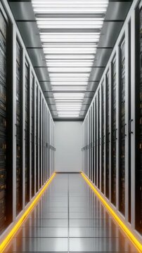 Server room aisle with rows of illuminated hardware racks and bright overhead lighting