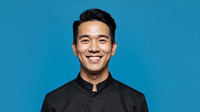 Smiling Asian Man Portrait on Blue Background - Authentic Joy.