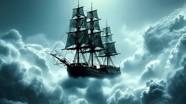 Fantasy sailing ship floating through dramatic night clouds with moonlight in surreal dreamlike sky scene