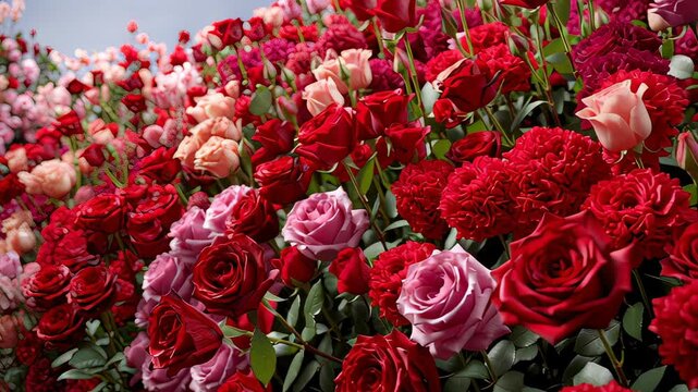 Colorful roses and carnations in vibrant floral arrangement