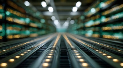 Fototapeta premium Long perspective view of a futuristic industrial storage facility illuminated by rows of teal and orange lights