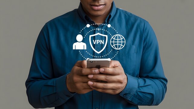 VPN, Virtual private network protocol concept. Person using smartphone with VPN icon on virtual screen for connect to VPN network..