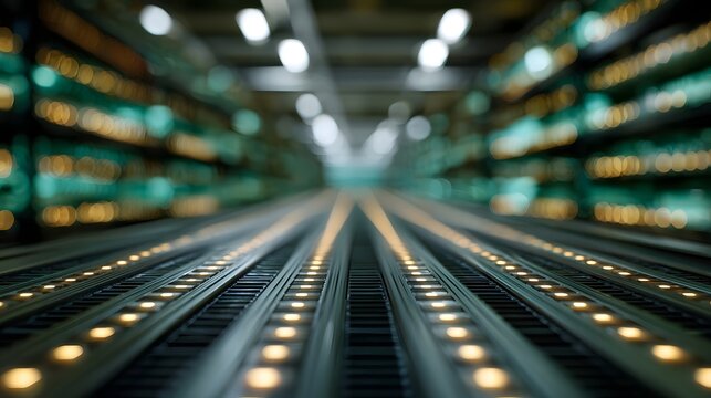 Long perspective view of a futuristic industrial storage facility illuminated by rows of teal and orange lights