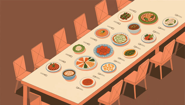 Illustration Of A Table Full Of Food Vector Design Template