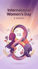 Fototapeta premium International women's day poster with colorful silhouettes and flowers on purple background