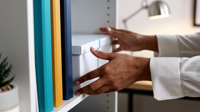 Hand putting storage box on modern office shelf