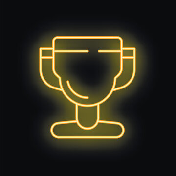 Bright yellow neon trophy is glowing on a black background, representing victory and achievement