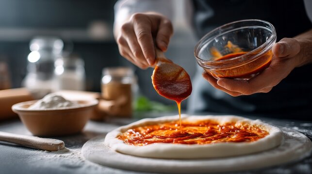 Hands skillfully drizzle rich tomato sauce onto a round dough in a warm kitchen. Flour and ingredients surround the workspace, capturing the joy of creating delicious pizza