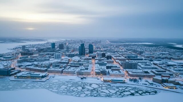 Arctic city skyline covered in snow, aerial view, pale winter light, winter wonderland scene