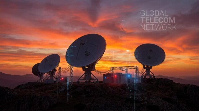 Global telecom network satellite dish antenna array mountain ridge sunset with telecommunications network skyline, glowing equipment, transmission