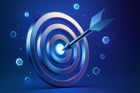 Target with arrow hitting bullseye center on blue background with hexagons showing success goal achievement precision accuracy business technology concept 3D render

