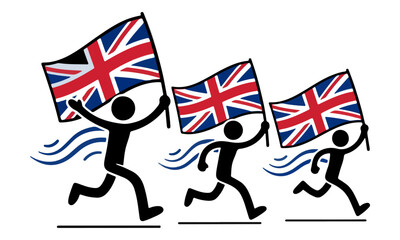 Stick Figures Running with Waving Union Jack Flags