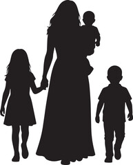 Mother Walking with Three Children Silhouette Vector Illustration Representing Family Love and Parenthood