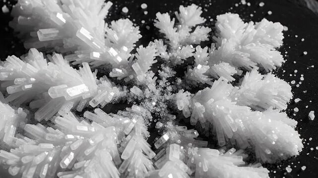 Close-up of delicate white ice-like crystals forming a snowflake pattern
