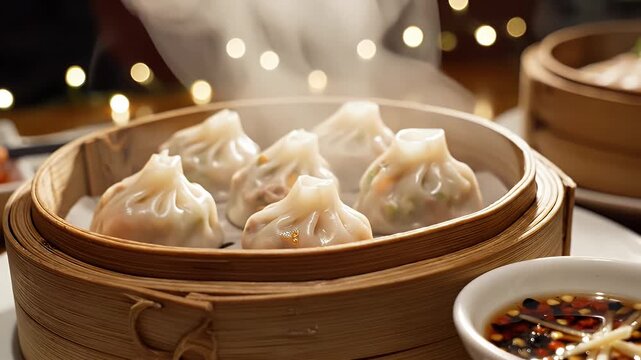 Steaming Dim Sum in Bamboo Steamer - A close-up shot of freshly steamed dim sum dumplings in a traditional bamboo steamer, ready to be served.