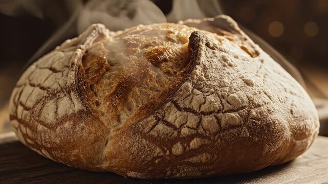 A rustic, golden-brown loaf of bread steams gently on a wooden surface