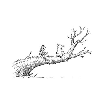 Tigger and Piglet Sitting on Tree Branch