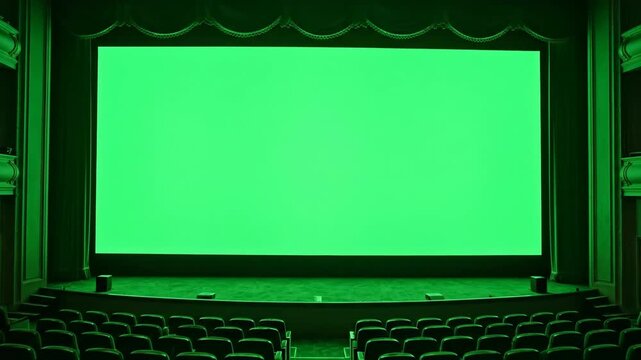 Empty theater with a bright green screen and rows of dark seats