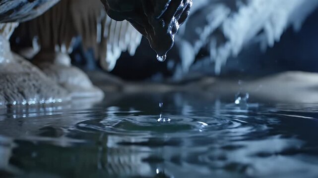 Dripping water from stalactites into calm cave pool, creating ripples