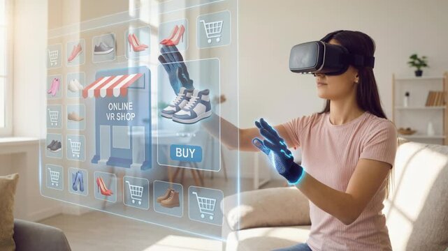 Virtual reality shopper wearing headset and haptic gloves interacting with online VR shop interface exploring holographic shoe store with gesture