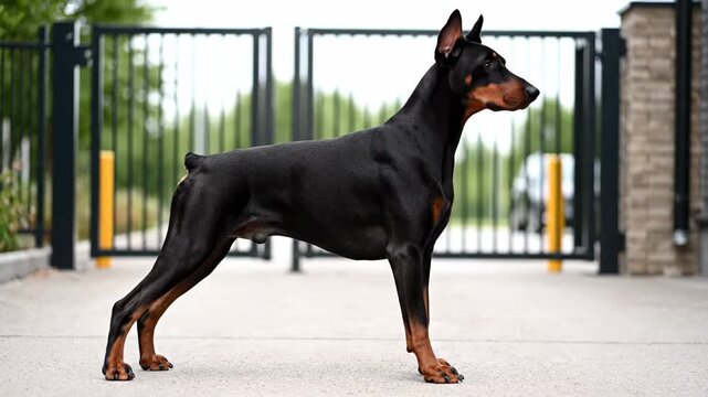 Alert Doberman pinscher standing guard in a quiet outdoor entrance area