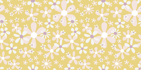 Fototapeta premium Seamless vector floral pattern with soft white and blush pink daisies on a warm yellow background. Gentle and cheerful spring design for fabric, packaging, and wallpaper