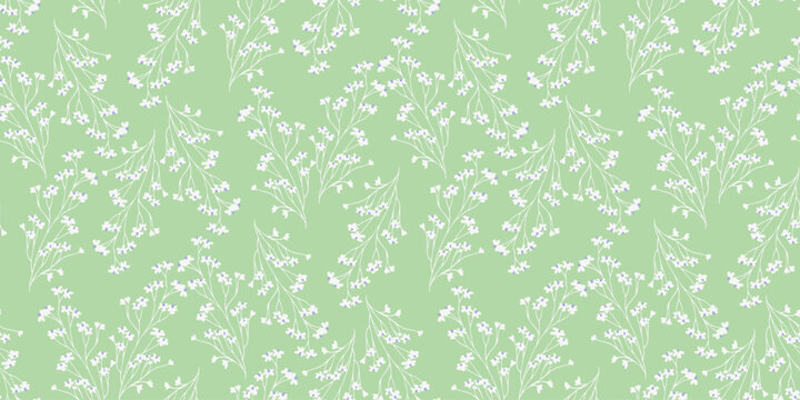 Seamless vector pattern with delicate white floral branches on soft green background. Elegant botanical design for spring textiles, packaging, wallpaper, and wedding decor