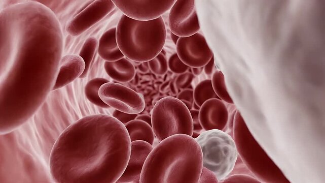 Close-up view of red blood cells and a single white blood cell in a blood vessel