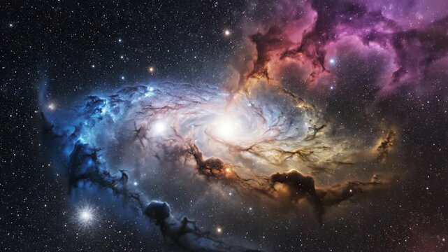 Cosmic swirl of blue, purple, and gold clouds illuminated by stars