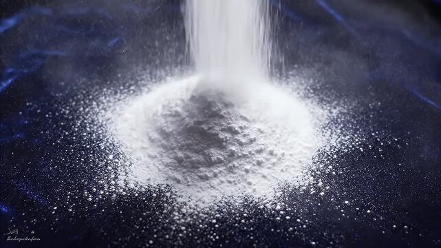Fine white powder cascades onto a dark, textured surface, creating a scattered pattern